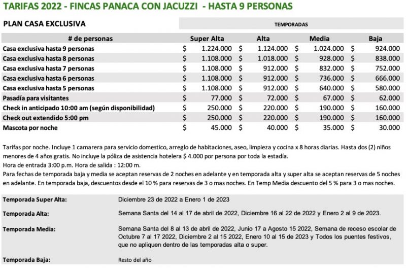 Fincas Panaca 9 pax con jacuzzi Tarifas 2022